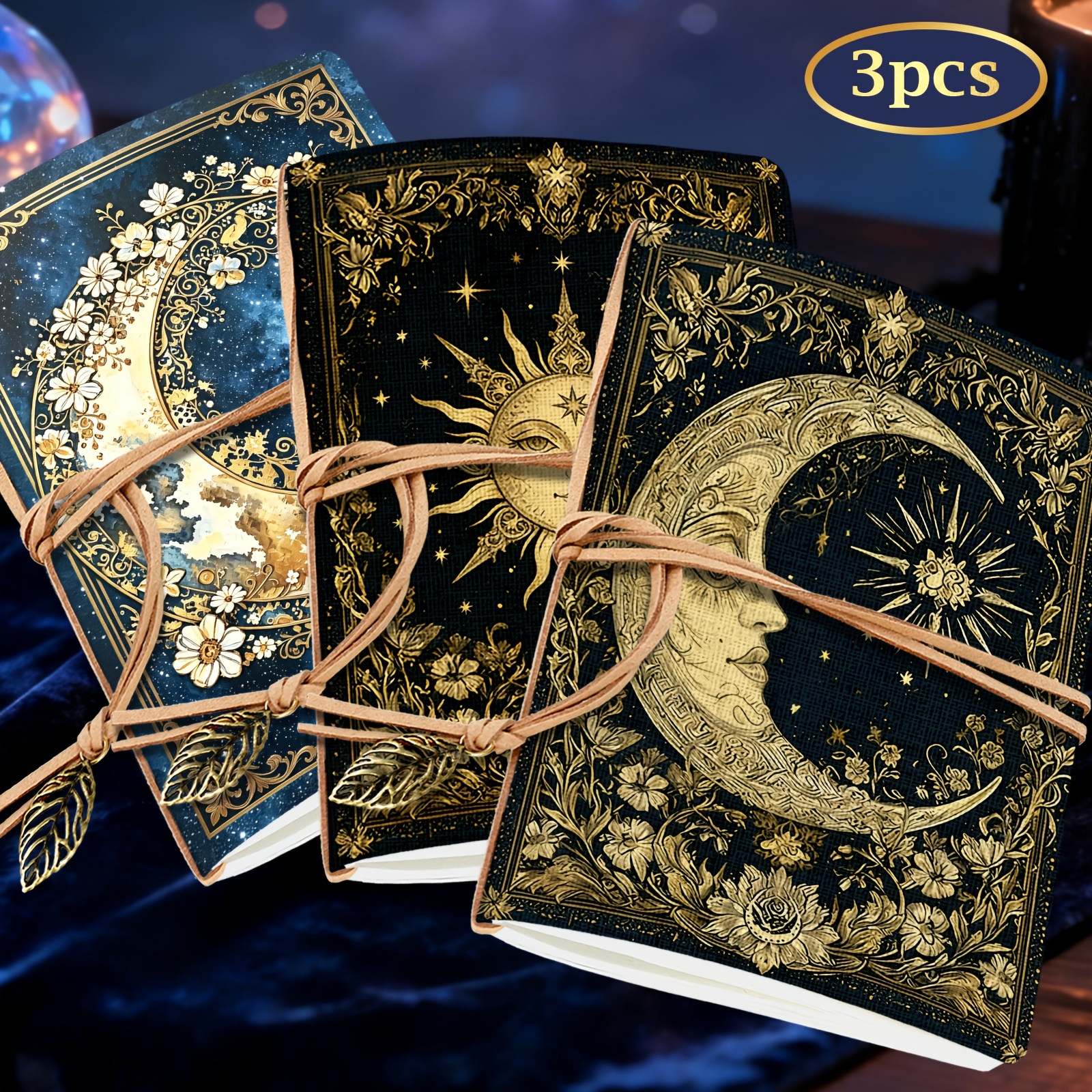 TEMU Carnet de 3 pièces, A5, 240 pages, style vintage et Soleil, avec sangle à texture cuir et pendentif métallique de feuille, cahier de dessin,