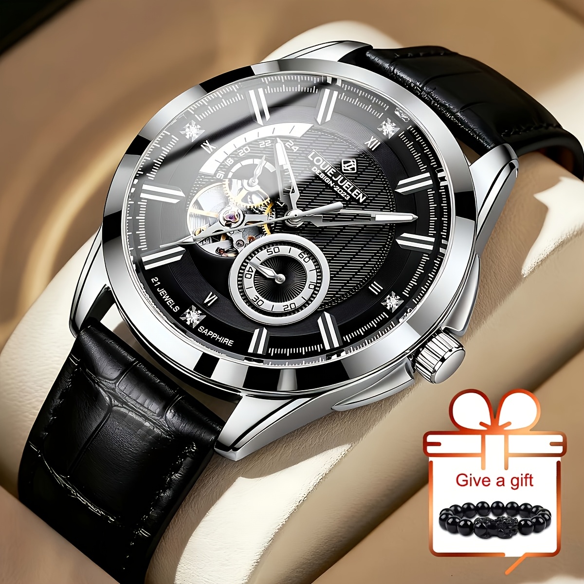 Image of 1pc High-end Brand Unisex Automatic Mechanical Watch, Flywheel Hollow Out And Dial Design, Men's Wristwatch, Ideal Gift For Christmas And Valentine's Day, Without Battery