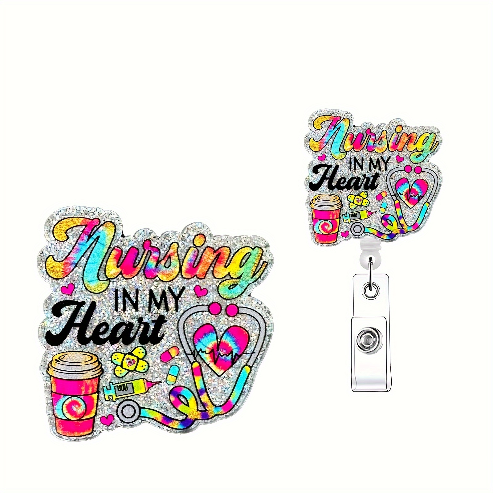 1pc Acrylic Nursing in My Heart Retractable Badge Reel, Glittery Name Badge Holder with ID Clip for Nurse Doctor,Cat,Flower,Flowers,Valentine's Day