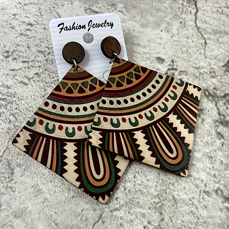 TEMU A Pair Of Colorful Pendant Earrings With Bohemian-style Geometric Patterns, Perfect For Festive Occasions And Gifting ( Is For Display Purposes