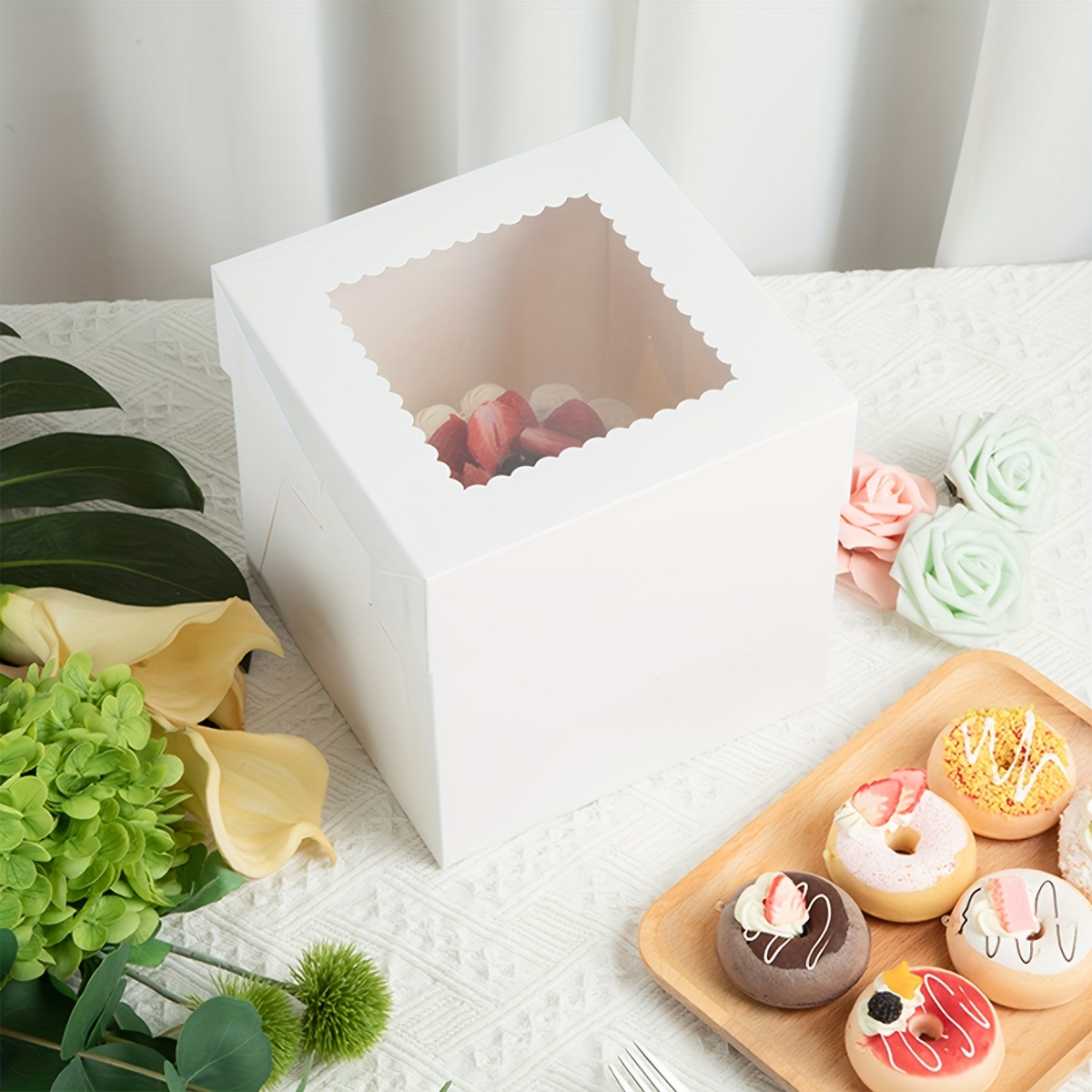 15pcs White Cake Boxes with Clear Window, Disposable Bakery Boxes