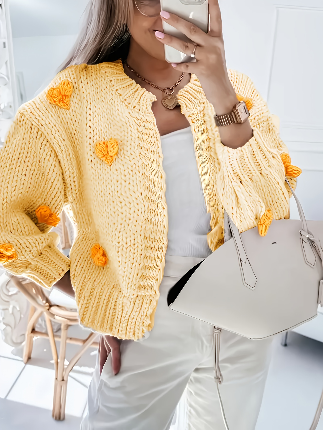 womens elegant heart pattern cardigan long sleeve buttonless