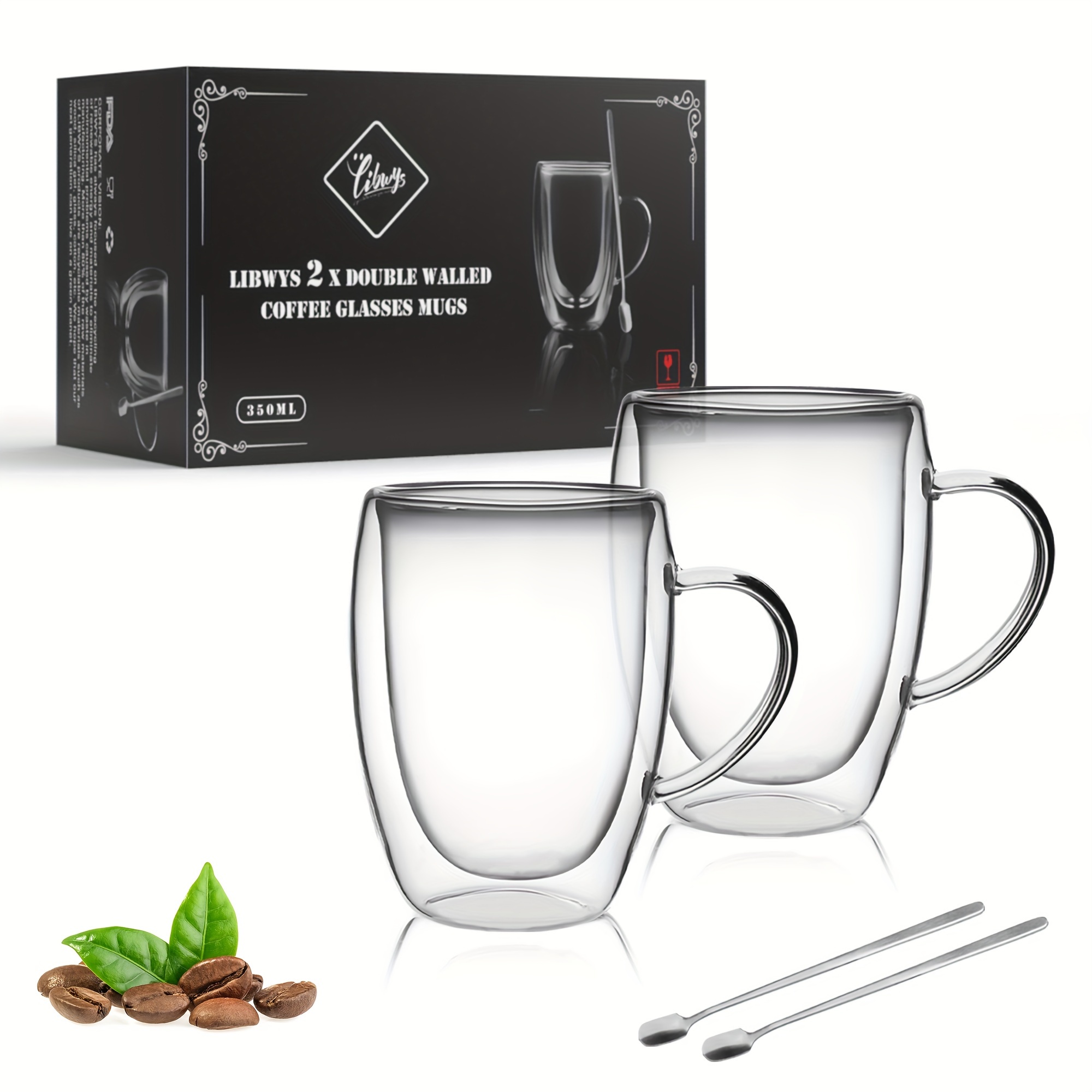 

2pcs/set, Libwys Double Walled Coffee Glasses 350ml With Spoon, Cappuccino Latte Tea Cups With Handle, Heat-resistant Coffee Cups
