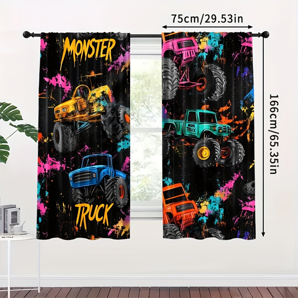TEMU Lot de 2 Rideaux Camion Dessin Animé - Design Rétro , 100% Polyester, Filtrage Lumineux, Poche pour Tringle Facile à Accrocher, Parfait pour