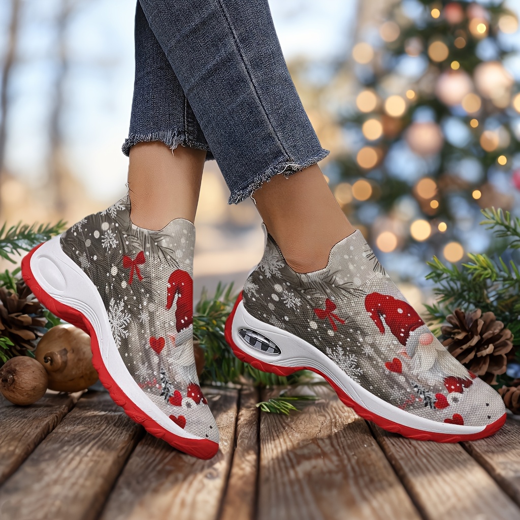 Baskets Festives de Noël Gnome à Enfiler pour Femmes Tissu Tricoté  Respirant, Design Bas Décontracté avec Motif de Cœurs Rouge Blanc,  Chaussures