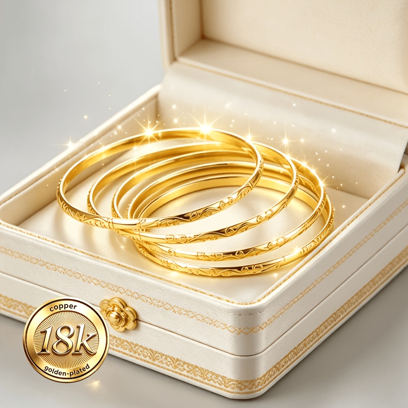 TEMU 2026 Latest Style 5pcs Set 18k Gold Plated High-quality Women's Geometric Bracelet, Minimalist Style Jewelry, Suitable For Daily Wear,