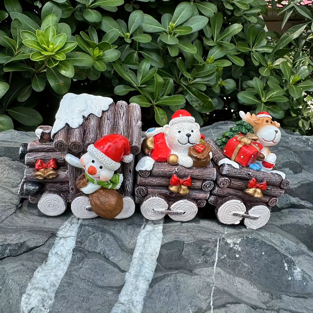 

3-piece Christmas Train Set Decorations - Resin Holiday Figurines For Home, Garden, Party Display - Santa, Snowman, Reindeer Tabletop Ornaments