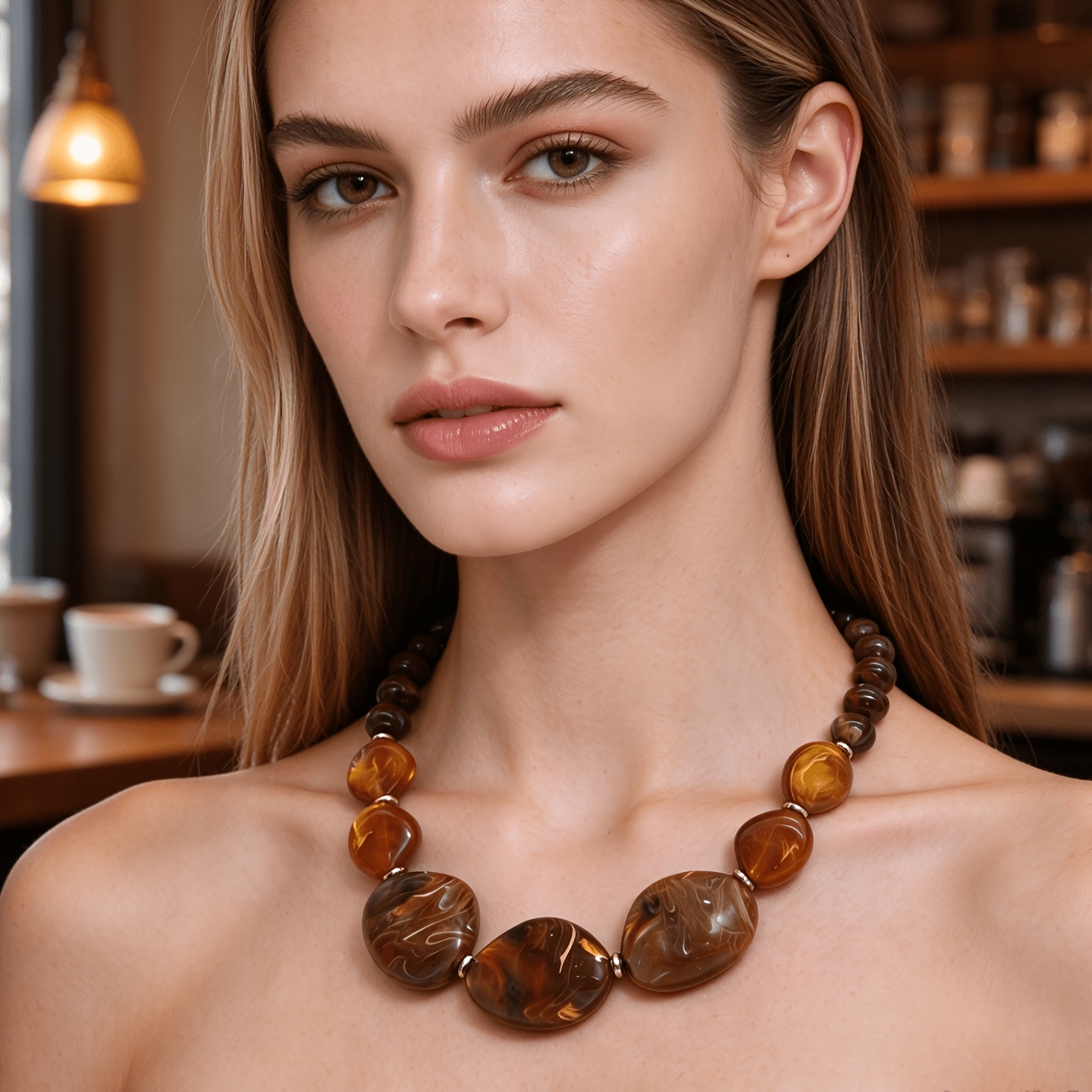 TEMU 1pc Vintage Easy Bohemian Exaggerated Irregular Oval Round Dual-tone Gradient Acrylic Geometric Ccb Bead Necklace, Irregular Temperament All-