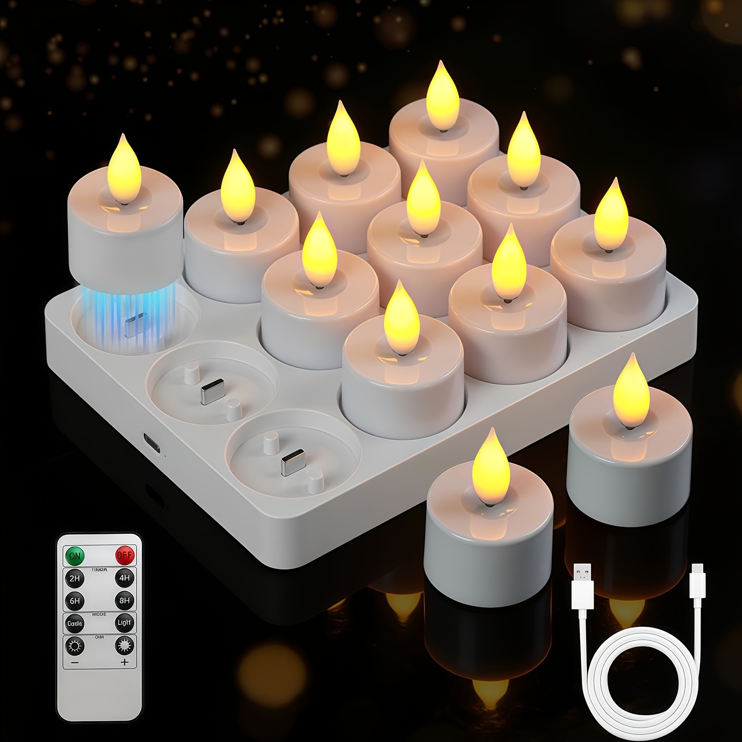 12pcs, Rechargeable Tea Lights, Flame- Tea Lights, Includes Charging Base And Remote Timer, Battery-powered, Perfect For Halloween, Christmas, Fall, Winter, And Wedding Table Decorations