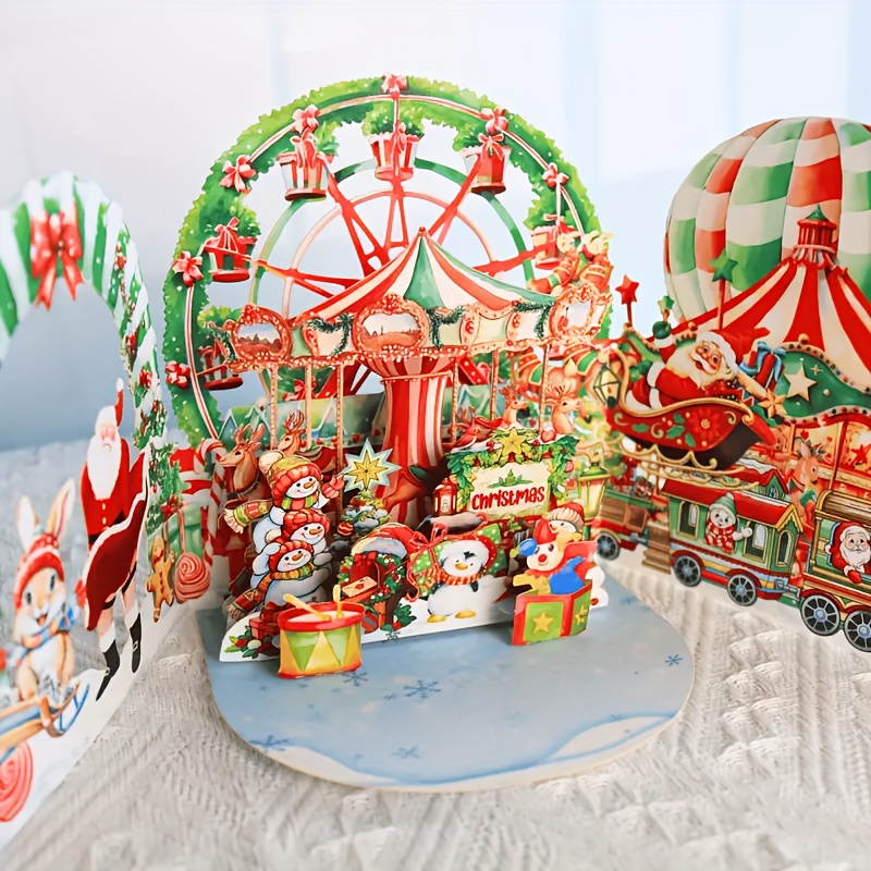 【Party Invitations】1pc Festive Christmas Pop-Up Card with Carousel & Santa Theme - "Merry Christmas" Greeting, Snowman & Gingerbread Figures, Red Envelope Included, Ideal for Holiday Party Invitations Card, Halloween Christmas Thanksgiving