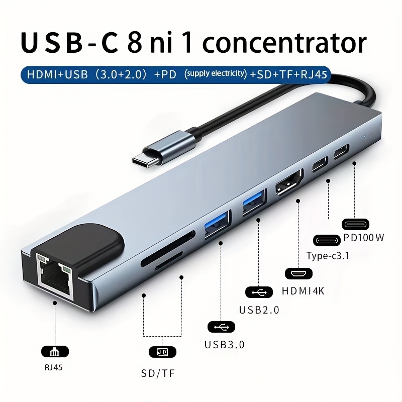 8 in 1   4k hdtv 100mbps ethernet multi port hub 5  usb c and 2 usb   ports pd 100w charging sd tf card reader led indicator compatible with macbook dell   surface