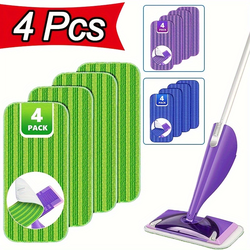 

4pcs Reusable Microfiber Mop Pads For Wet Jet Mop – Washable, Floor Cleaning Cloths With Tabs, Green & Purple Striped Patterns, All-surface Use