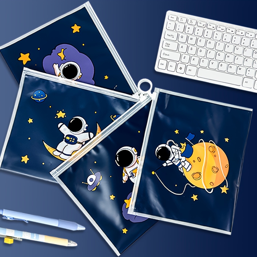 

4pcs Cute Astronaut Cartoon A5 Zippered Bags - Frosted Transparent, Waterproof Storage Pouches For Students & Office Supplies