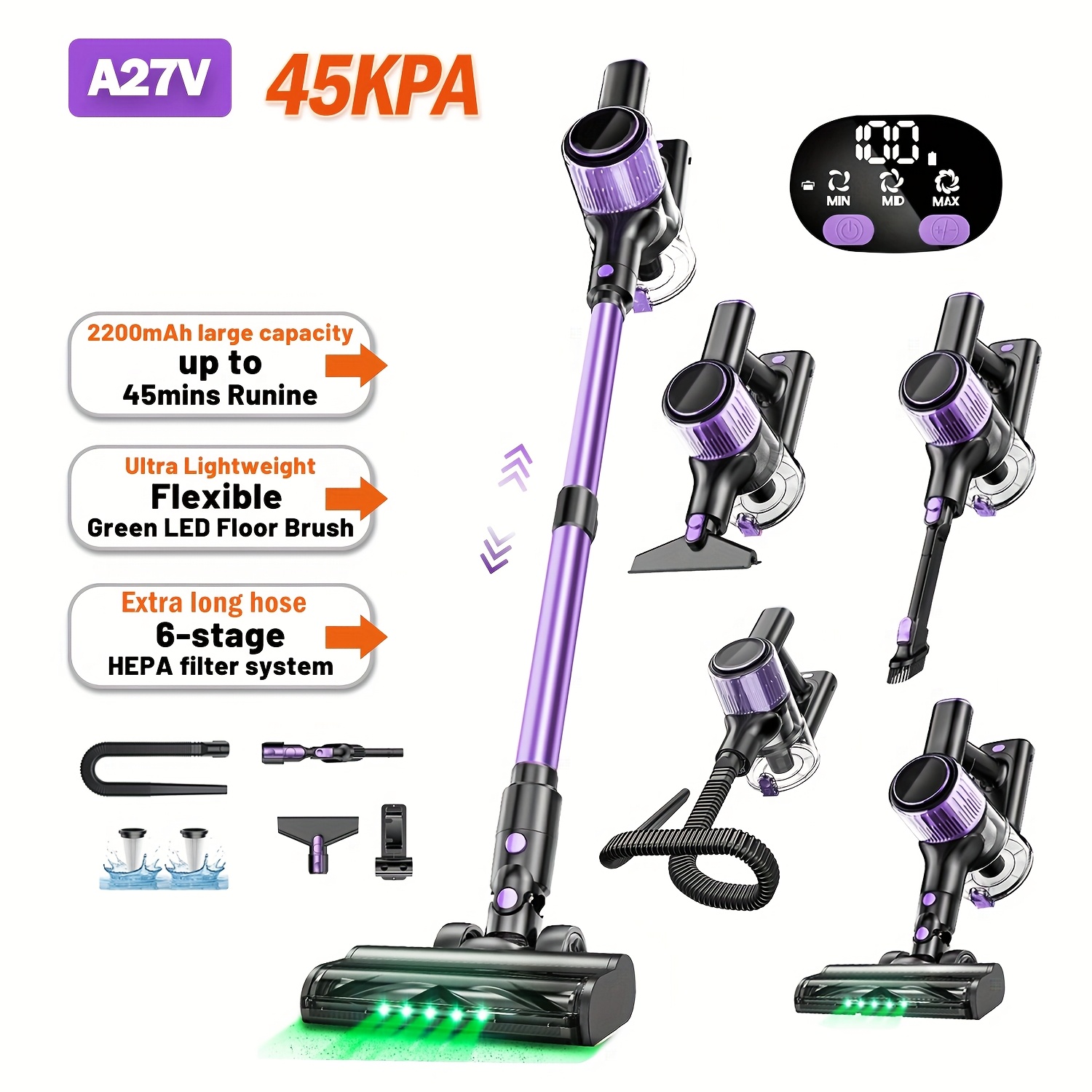 TEMU 45kpa High Suction Stick Vacuum Cleaner, Equipped With 2200mah Battery, , Anti-entanglement Floor Brush, Lightweight Design, 45 Minutes Of ,