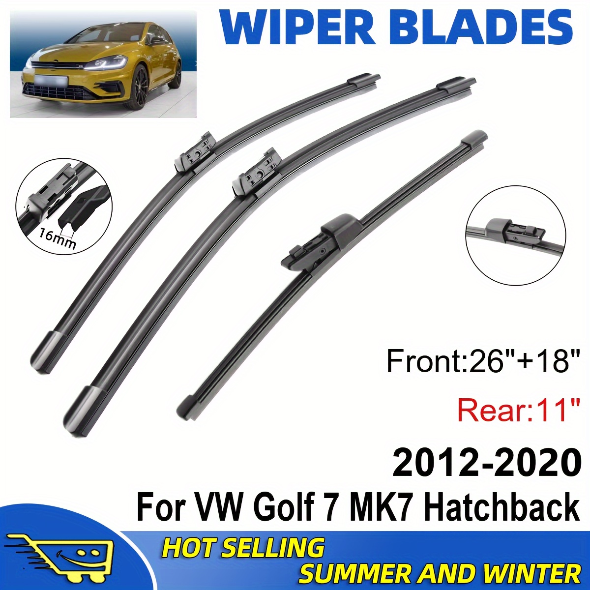 Image of Front And Rear Window Wipers, Compatible With Vw Golf 7 2012-2020 Models, Boneless Wipers, 2pcs Front Window And 1pc Rear Window Total 3pcs Set