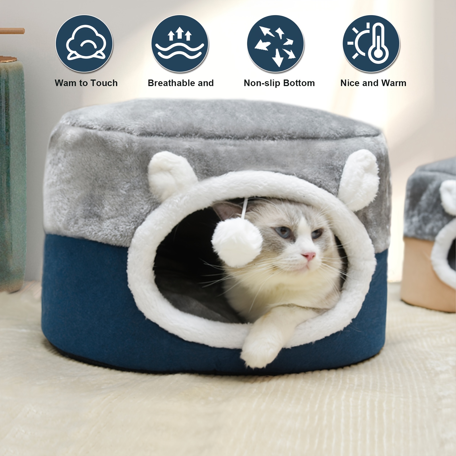 calming cat bed for indoor cats small cat houes 20 inch washable non slip round fluffy plush pet bed cylindrical dog bed for pets up to 15   Product details 1
