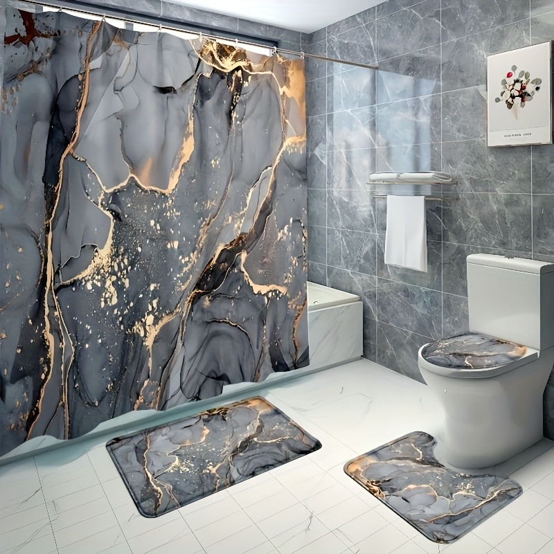 

4pcs/set Marble Pattern Shower Curtain & Bath Mat Set With 12 Hooks, Non-slip Bath Mat, U-shaped Toilet Mat And Toilet Lid Cover, Bathroom Accessories And Decorations