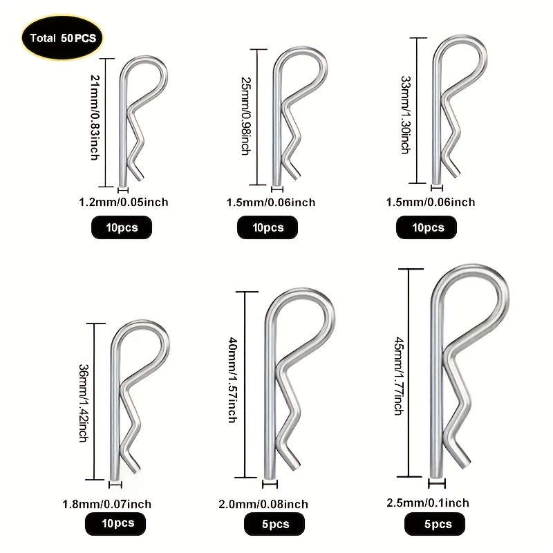 TEMU 50pcs Cotter Pins, Cotter Pin Assortment Kit, Heavy Duty Hardware Pins, 6 Sizes Spring Fasteners Hitch Pin For Trailer Locking, Trailer Clamps,