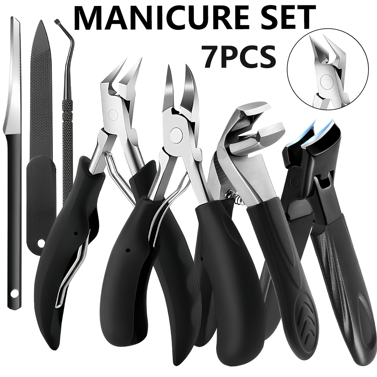 Image of 7pcs Heavy Duty Toenail Clippers Set For Seniors - Angled And Curved , , Long Handle, Includes Nail File, Professional Pedicure Tool Kit, Nail Clippers