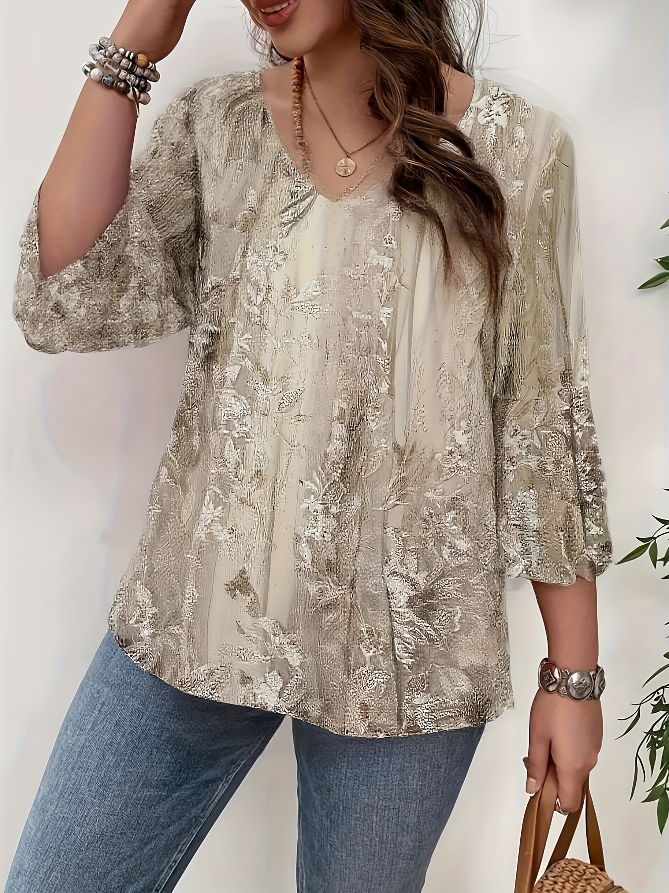 plus size plus size womens western new plus size v neck elegant loose flared sleeve trendy floral fashion top