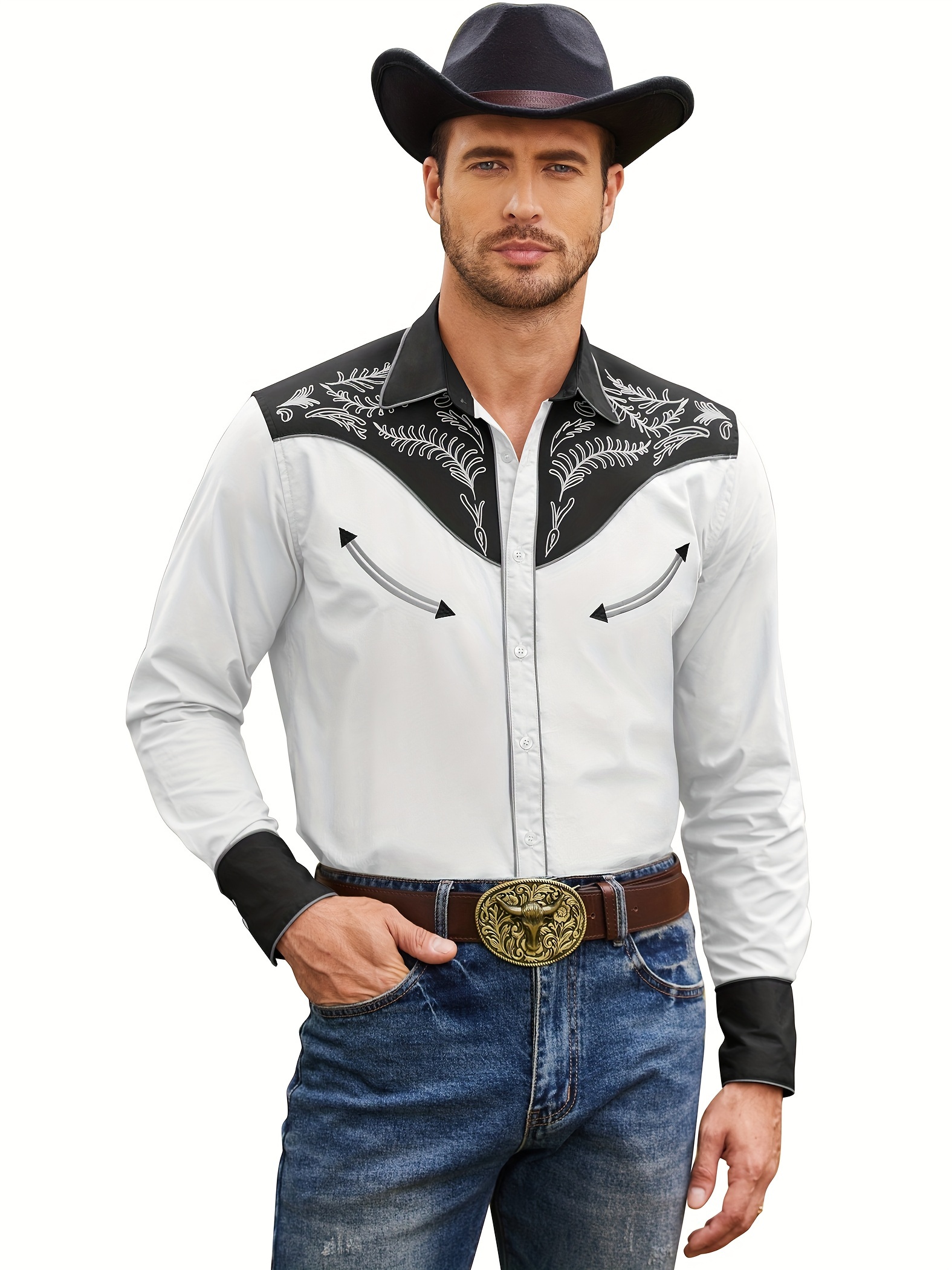 Chemise Cowboy Brodée Manches Longues Pour Homme - Style Western Vintage - Idéale Mariage, Fête Country, Soirée à Thème - 12