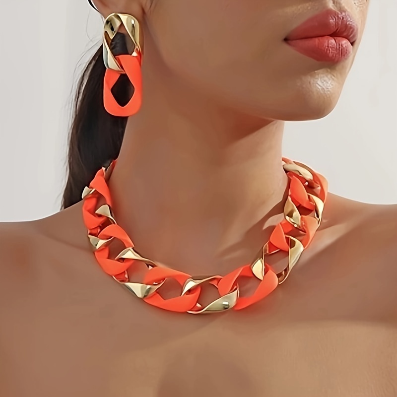 

Chic Statement Resin Chunky Necklace Set With Matching Earrings, Retro Style, Bold Orange Chain Jewelry For Women