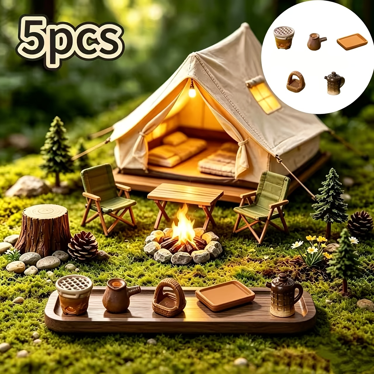 TEMU 5pcs Set Of Mini Camping Furniture Ornaments, Retro Style Mini Stove, Tray, Tea Set, Basket And Kettle Ornaments, Room And Outdoor Decoration,