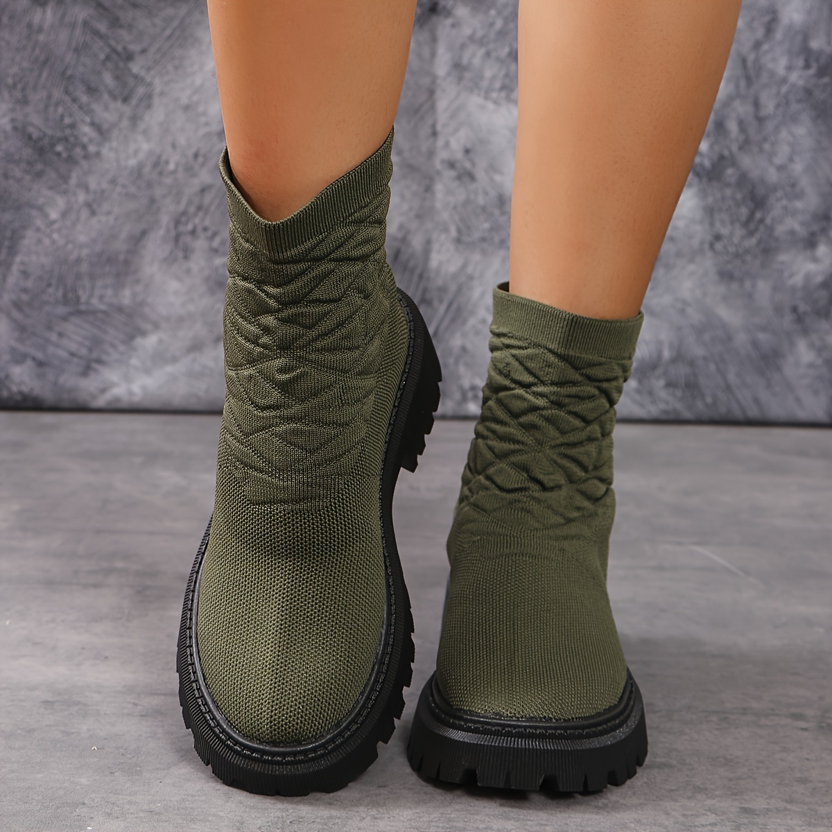 

Women's Knit Mid-calf Boots With Platform Heels, Round Toe Fabric Upper And Inner, Non-slip , -on Closure, Solid Color Casual Ankle Booties