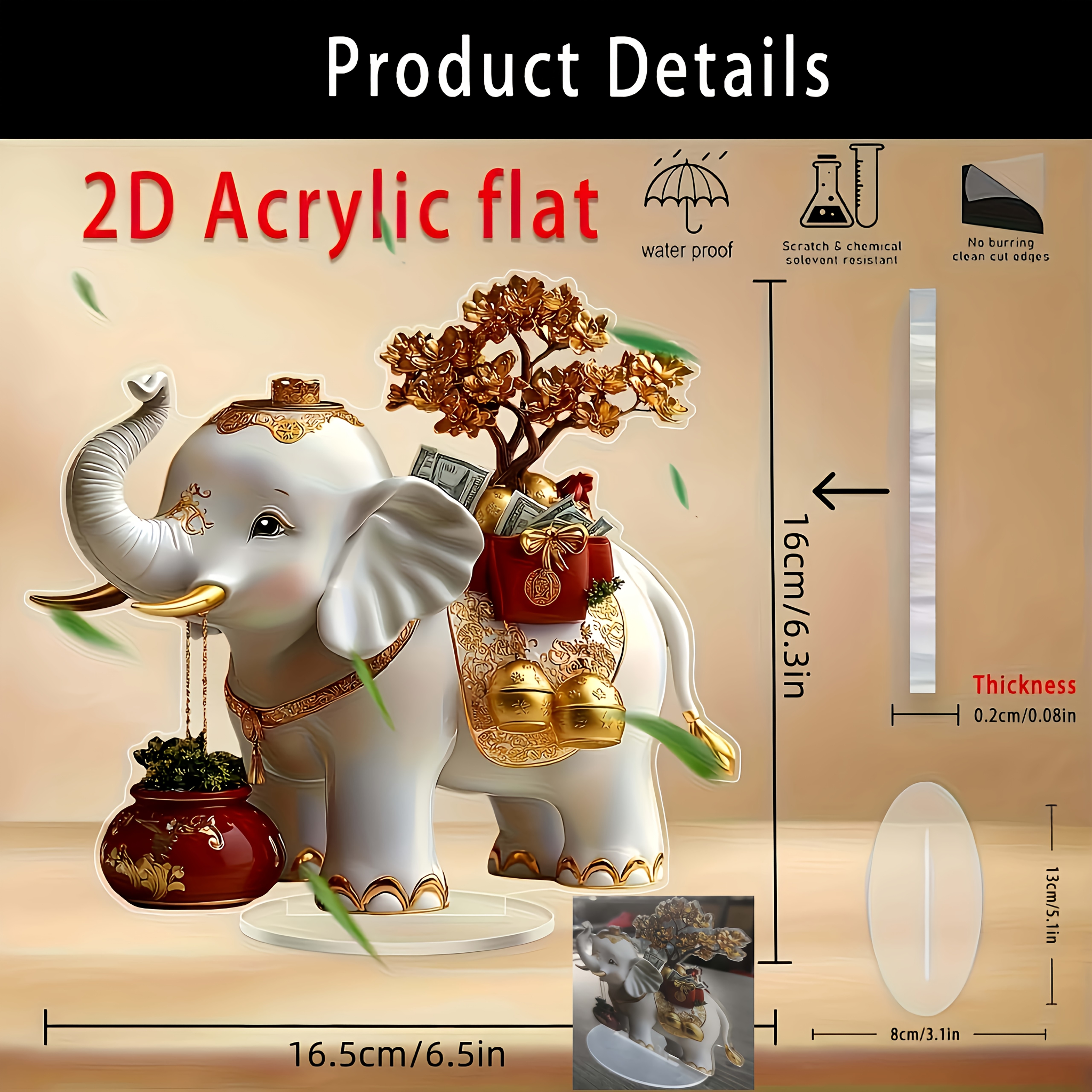 TEMU 2d Flat, 2d Flat Printed Acrylic Elephant Statue - Cartoon Style Acrylic Decoration With Golden And Red Accents, Symbol For Home/office Art,