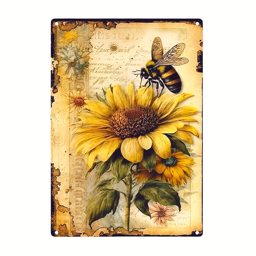 

1pc Rustic Sunflower And Bee Metal Tin Sign, Vintage Style Iron Wall Hanging Decor For Home, Restaurant, Bar, Cafe, Garage, Event Venue - Durable Art Plaque