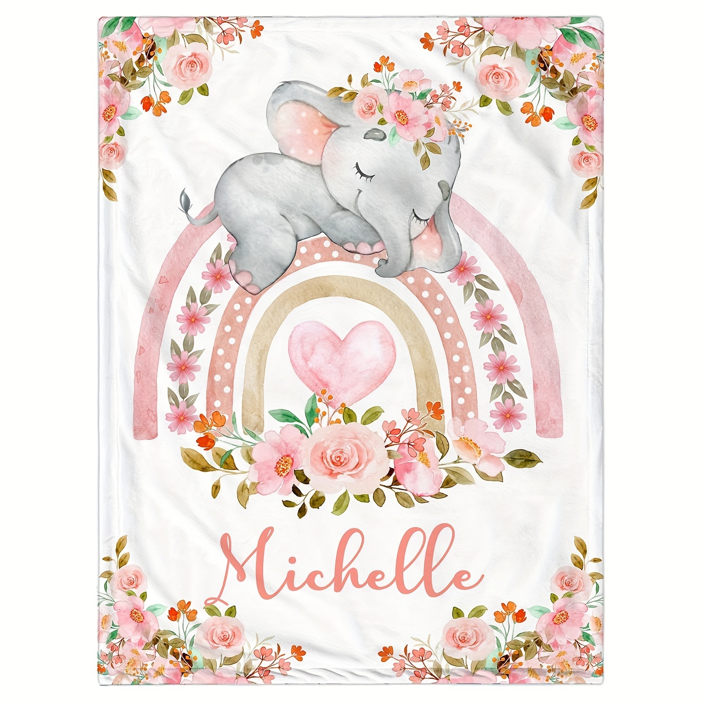 

Custom Name Pink Elephant Floral Blanket - Flannel For Couch, Bed, Travel, Camping | Machine Washable Throw