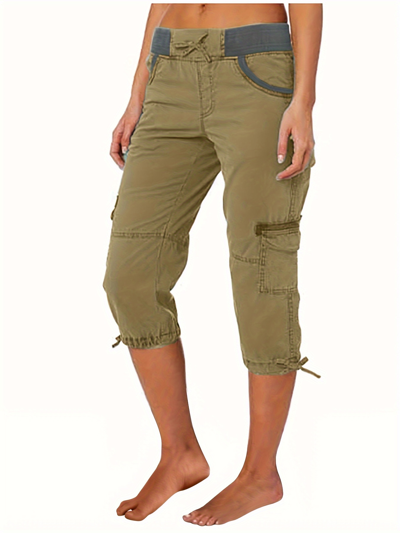 [Lightweight Design] Women's Summer Capri Cargo Joggers, Casual Solid Color  Cropped Sweatpants with Pockets, Streetwear Trousers, 95% 5% Other Fabric,