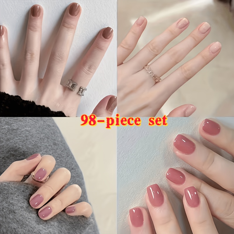 TEMU 98pcs Set (96pcs Wearable Nails And 1pc Nail Gel And 1pc Nail Sanding Stick) Short Square Style Wearable Nail Patches - Multi-styles Of Gorgeous