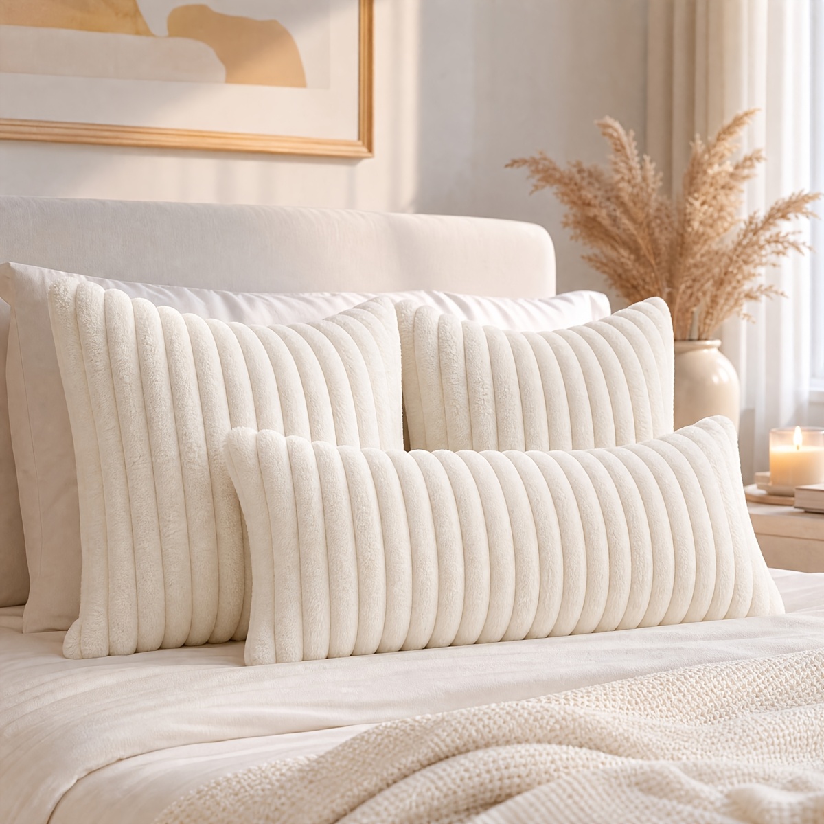 TEMU Parure de 3 taies d'oreiller de chevet en peluche style bohème crème, comprenant 2 taies d'oreiller carrées (50,1x50,1cm ) et 1 taie d'oreiller