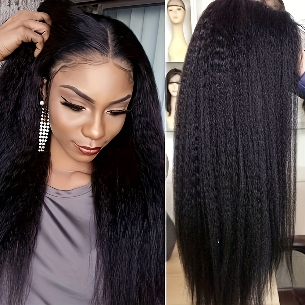 TEMU Elegant 26" Long Kinky Straight Synthetic Wig For Women - Glueless Lace Front With Pre- Middle Part, Heat Resistant Fiber, 180% Density, Black -
