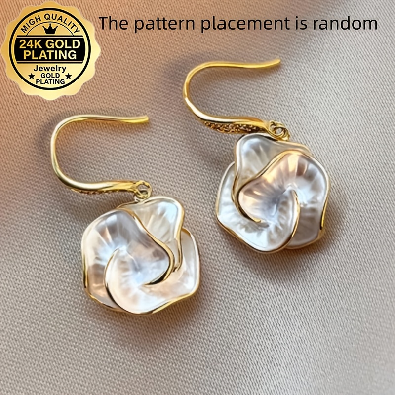 TEMU Random Position Of Pattern (up And Down) 1 Pair Steel 24k Golden Plated Exquisite Enamel White Flower Earrings, Sparkling Synthetic Zirconite
