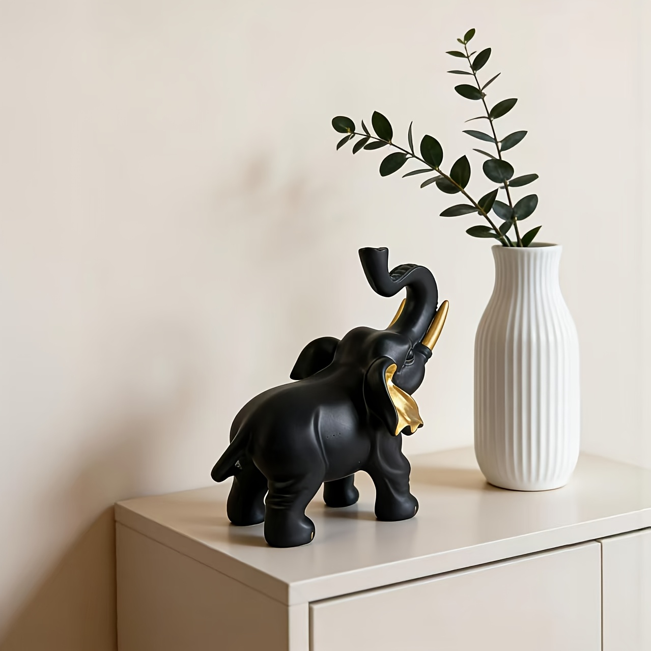 TEMU 1pc Light Luxury Matte Black Gilded Elephant Ornament, 3d Gold-plated , Nose Golden Tusk Shape, Wealth And Fortune Shui Meaning, Living Room