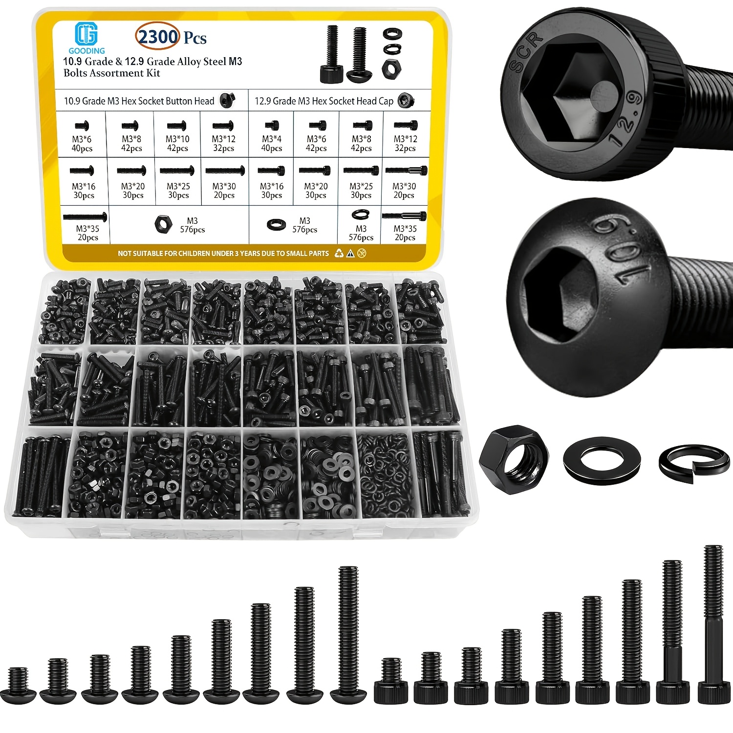 TEMU 2300pcs M3 Screw And Nut Combination Kit, M3x4/6/8/12/16/20/25/30/35mm Hexagon Socket Head Nut And Washer Kit, Grade 12.9 And 10.9 Black