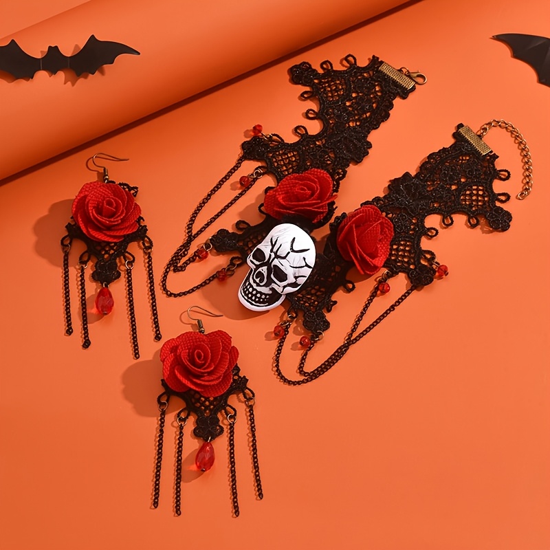 TEMU 3pcs/set Personalized Halloween Flower Skull Earring Necklace Set Women's Holiday