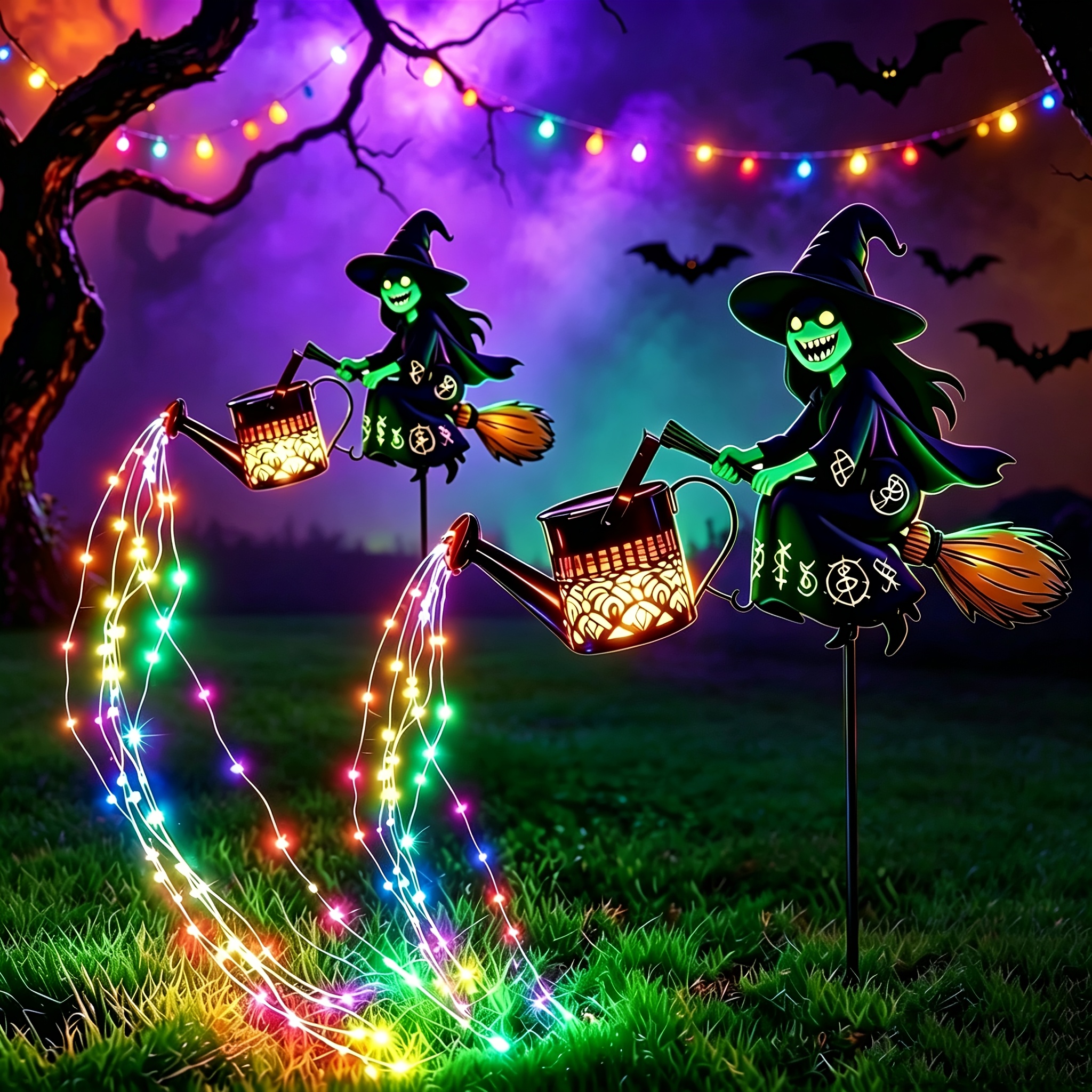 TEMU 2pcs Broom Witch Kettle Light, Halloween Decorations Outdoor, Halloween Solar Lights, Kettle Light Solar, Ip56, Suitable For Courtyard Lawns,