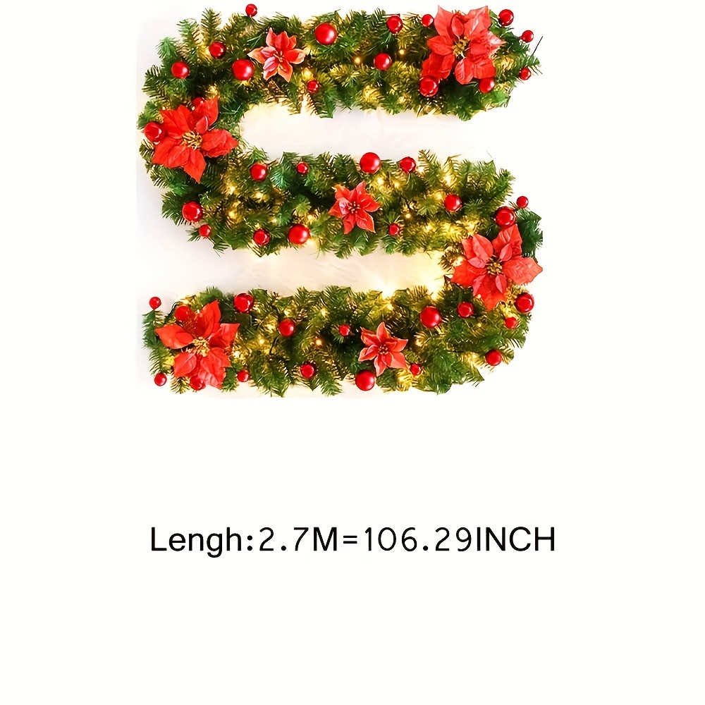 christmas fireplace decor   106 inch pvc greenery garland with red berries pinecones and lights plastic festive mantel decoration for hotel mall doorway staircase aa battery powered non rechargeable details 6