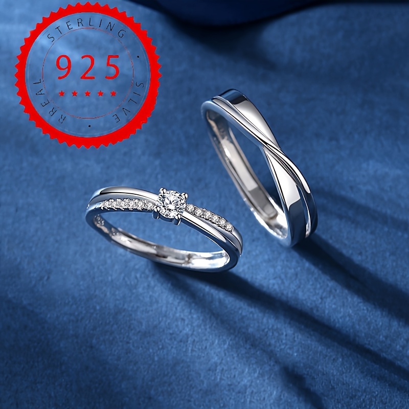 Image of 1 Pair Of S925 925 Silvery Plated Simple And Exquisite Couple Rings Inlaid With Synthetic Synthetic Cubic Zirconiaia Men's And Women's High-quality Jewelry Proposal Gift Wearing About 5.8 Grams