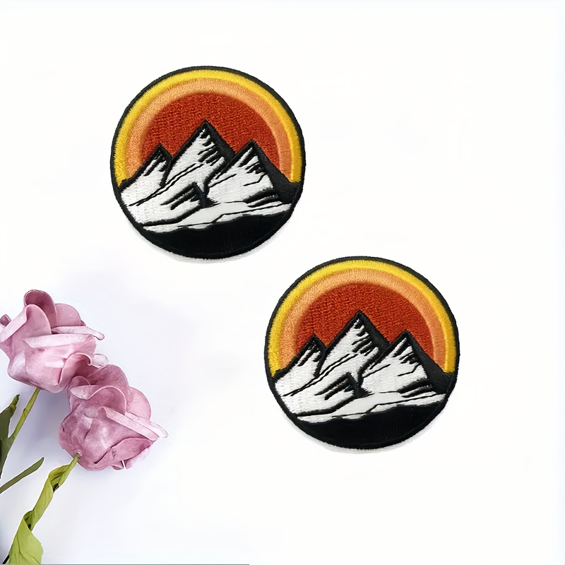 TEMU 2pcs Scenic Mountain Embroidery Patches, Snow-topped Landscape Iron-on/sewable Appliques For Clothing, Backpacks, And Hats - Cartoon Design In