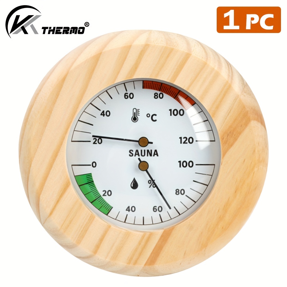 E-shop 1/2 Stück Sauna Thermometer und Hygrometer, Rundrahmen aus Naturholz, Glasdeckel, Plastikfrei, Temperatur- und Feuchtigkeitsanzeige für Trocken-