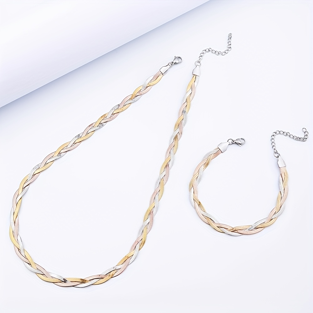 TEMU 2pcs Set: Bracelet + Necklace, Stainless Steel Snake Chain Necklace + Silvery, Golden, Tricolor Bangle, Hand-woven Women's Jewelry Set, Men's