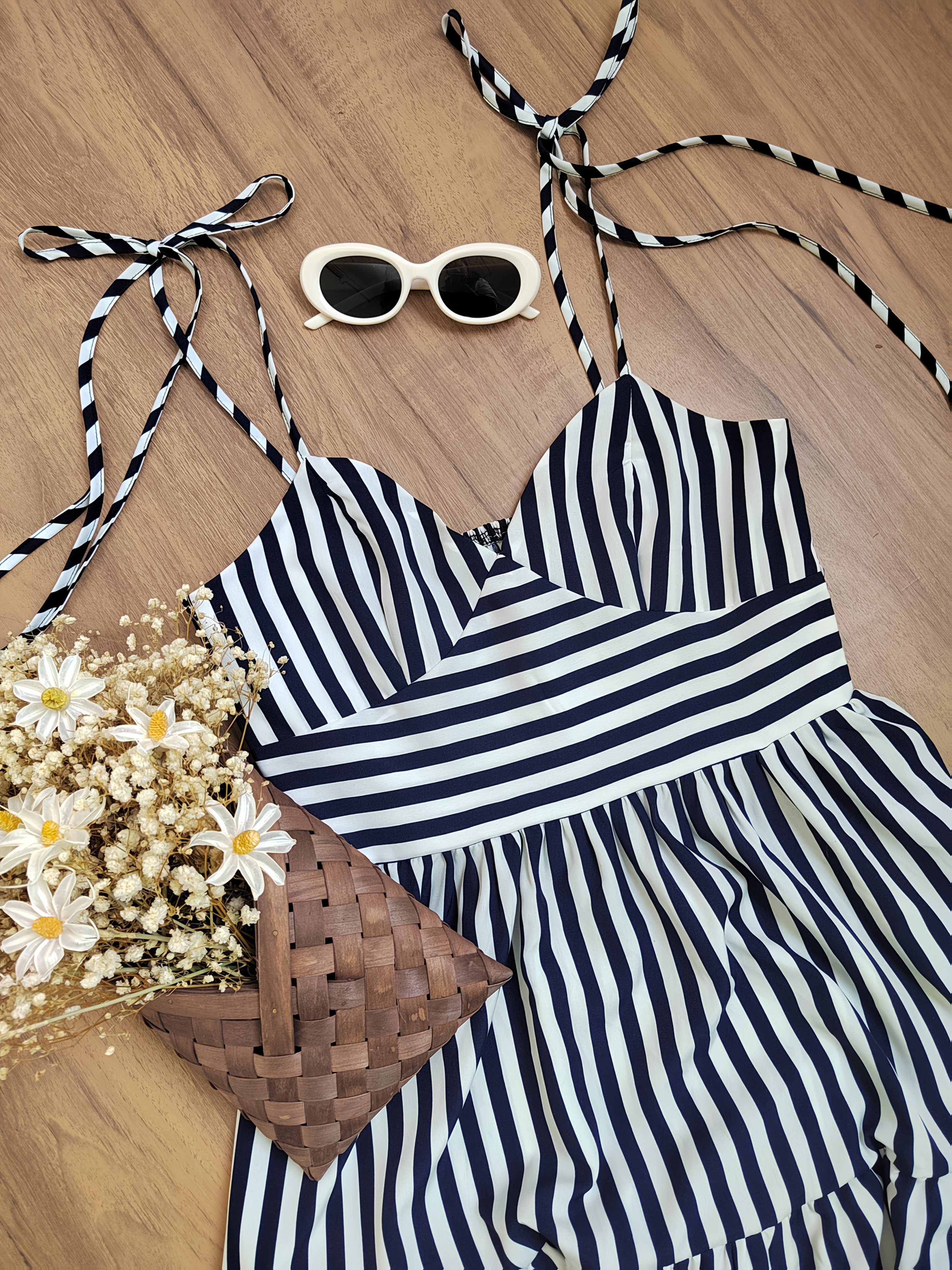 elegant blue white striped halter dress tie back detail - Temu United Arab  Emirates