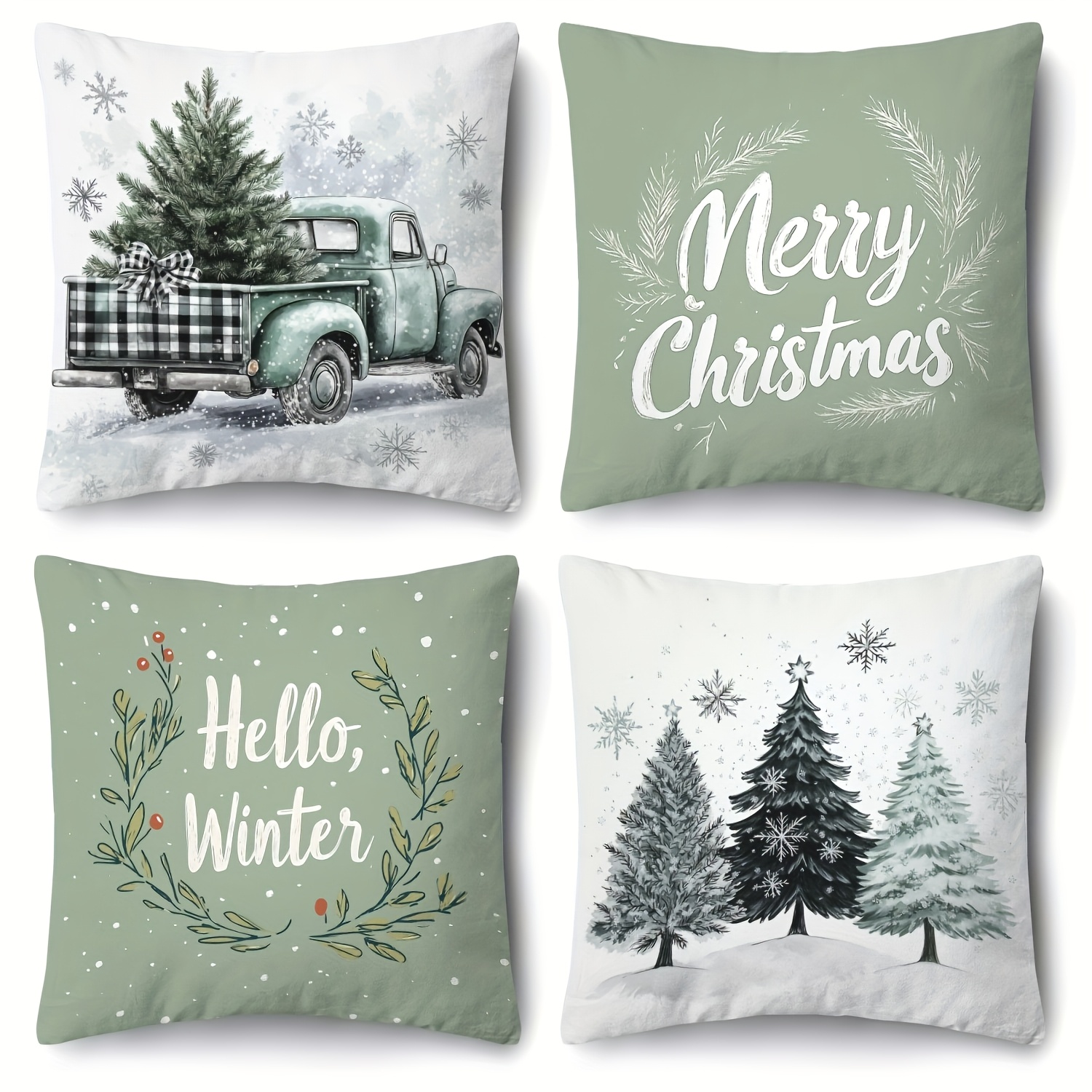 Christmas Pillowcase Set, Designed With Elements From Antique Green Trucks, Pine Trees, Snowflakes, Or Evergreen Branches, Suitable For Sofas, Beds, And Home Decor.