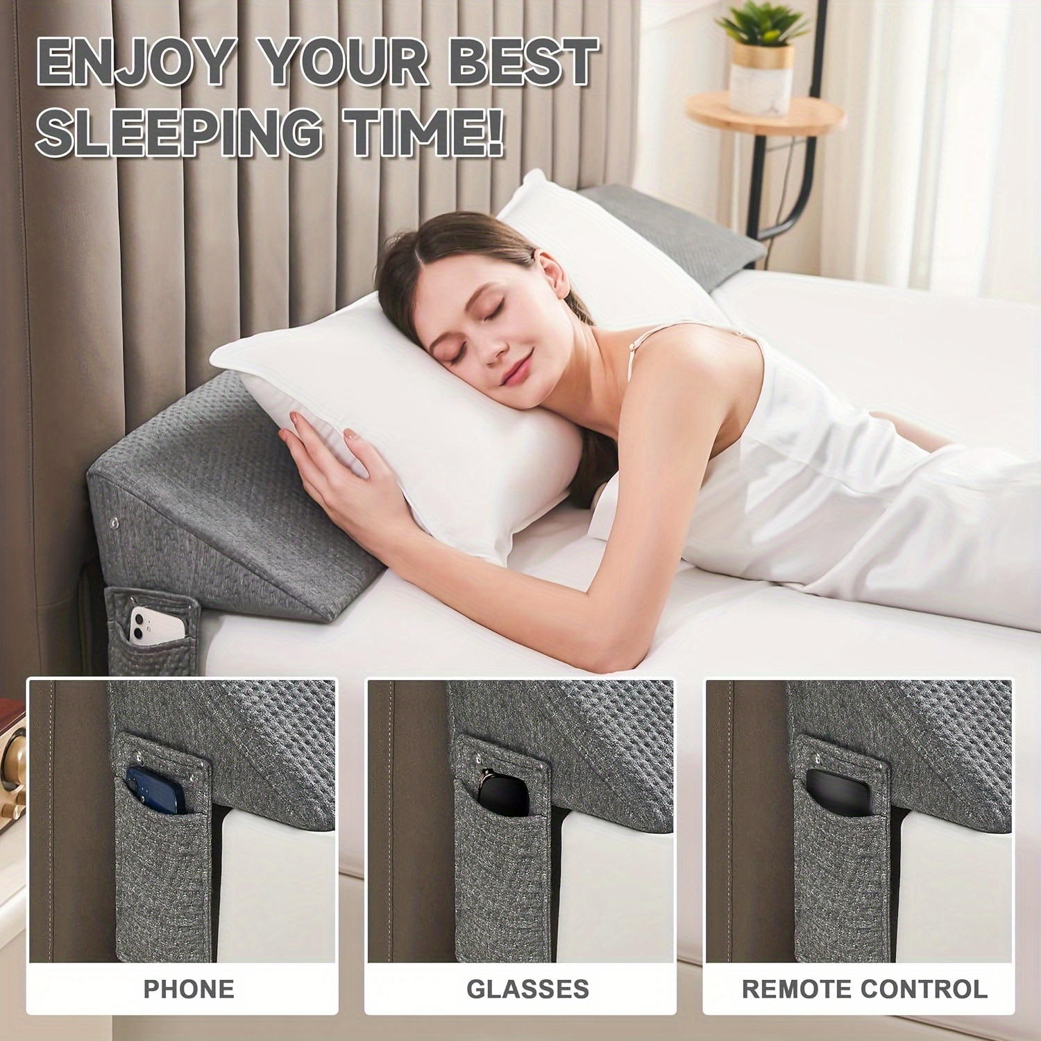 TEMU Bed Wedge Pillow For Headboard Filler - 0-8" Adjustable Height, For , Remote Control Storage, Options, Pillows For Sleeping