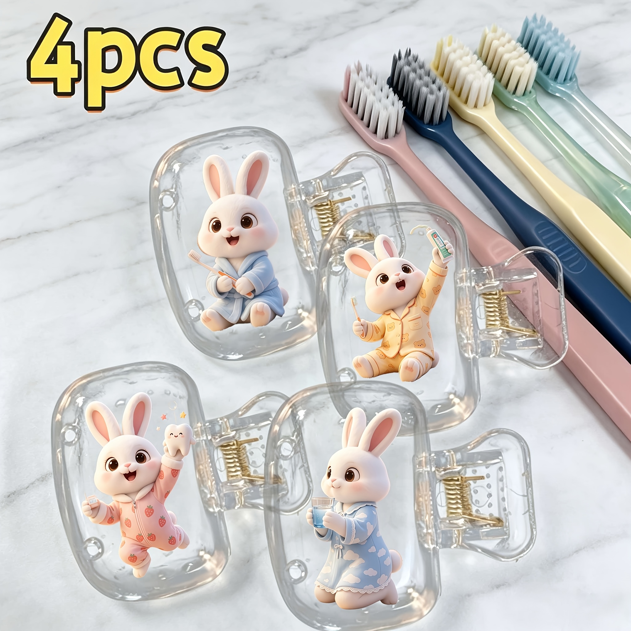 TEMU 4pcs Travel Toothbrush Head Covers - Cute Brushing Rabbit Design, Protective Plastic Clip Covers For Home And Travel Use, Portable Toothbrush