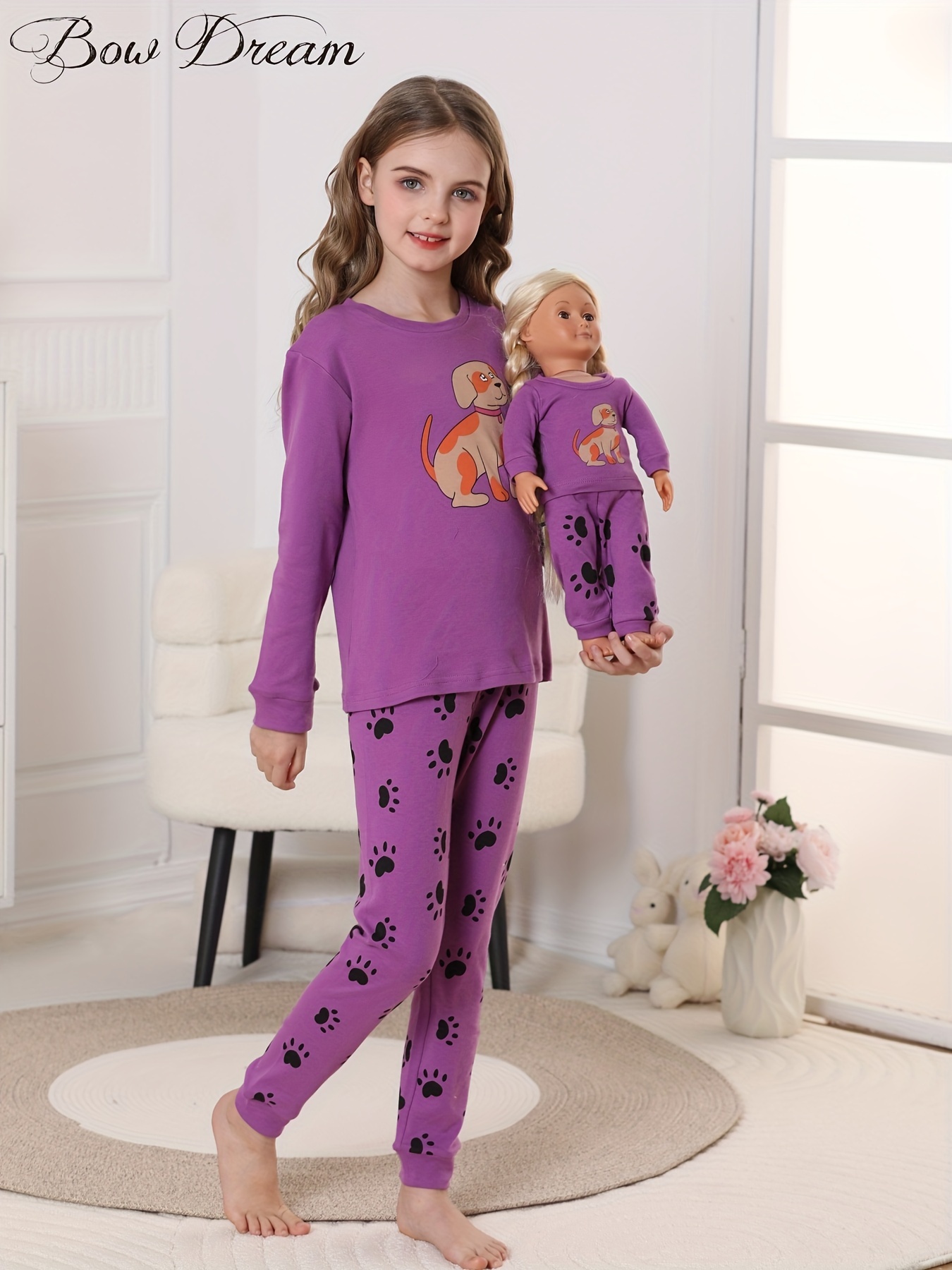 Doll Girl Matching Nightgown Night Dresses Dog Print Pajamas - Temu